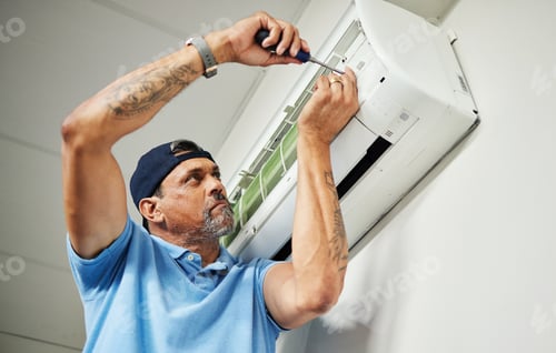 Preview: Maintenance, ac repair and air conditioner with man and screwdriver for electrician, ventilation an