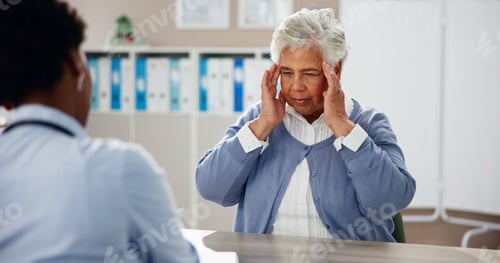 Preview: Hospital, headache and doctor with senior woman for medical service, help and migraine treatment. H