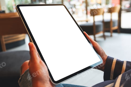 Preview: Mockup image of a woman holding digital tablet with blank white desktop screen