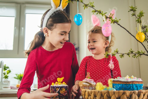 Preview: Happy Easter kid with eggs. Selective focus.