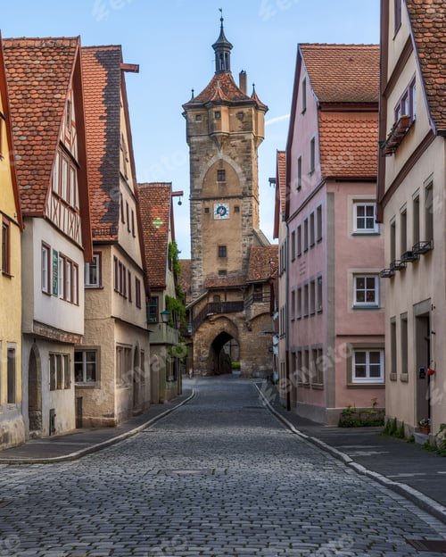 Preview: Vertical shot of cobblestone street and the Klingen Gate Tower in Rothenburg ob der Tauber, Germany