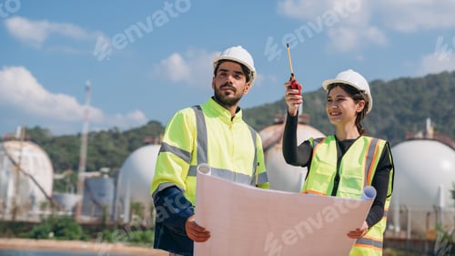 Preview: Two engineers in safety gear with blueprints discussing work in front of industrial storage tanks.