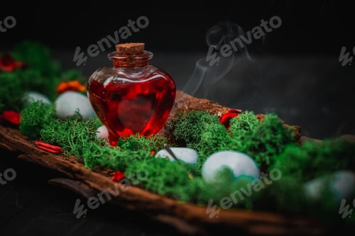 Preview: Red poison in a heart-shaped bottle lies in the bark of a tree with moss and stones on a black