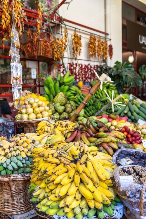 Preview: Fresh exotic fruits on famous market in Funchal Mercado dos Lavradores Madeira island, Portugal
