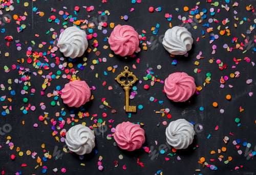 Preview: pink and white meringue with confetti and golden key