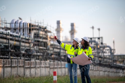 Preview: Engineers wearing safety gear, including hard hats examining survey a large blueprint tablet standin