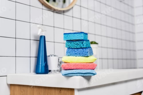 Preview: Colorful sponges on sink near detergent on blurred background in bathroom