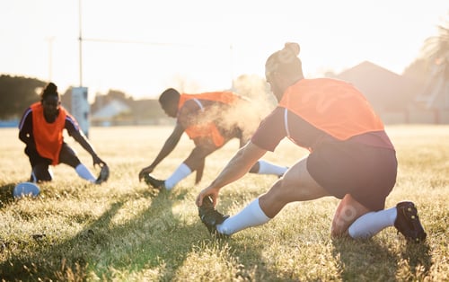 Preview: Rugby, team and people stretching at training for match or competition in the morning doing warm up