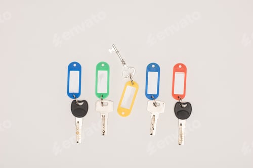 Preview: top view set of different keys with colorful labels isolated on white