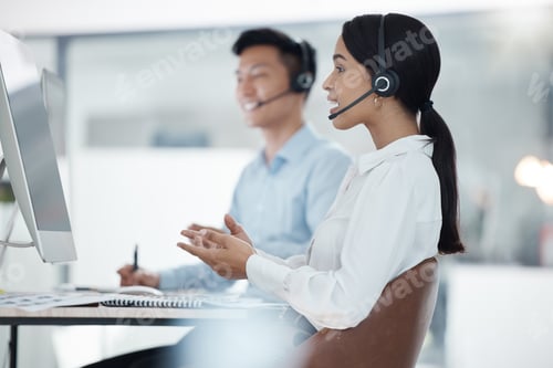 Preview: Call center, communication and employee talking to people on the internet with a computer at work.
