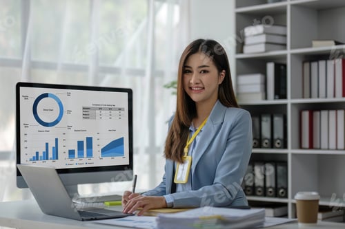 Preview: Business woman using calculator for do math finance on wooden desk in office and business working