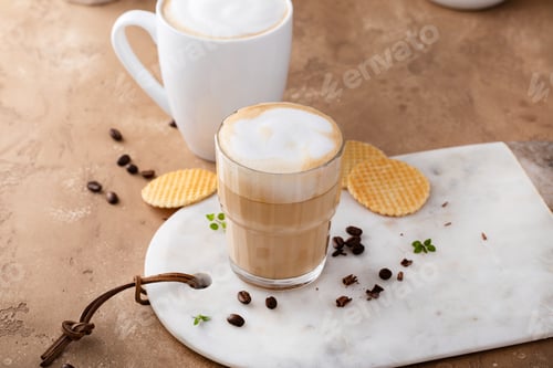Preview: Coffee latte and cappuccino in a glass and white mug