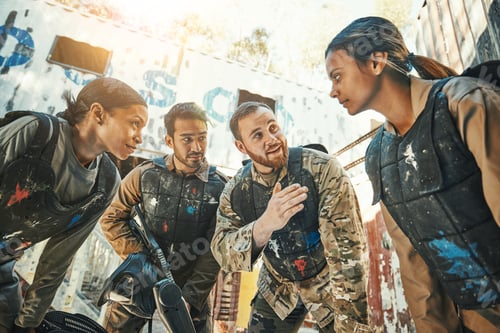 Preview: Paintball game, group strategy and team discussion, conversation or battlefield meeting about milit