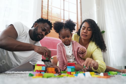 Preview: Happy african family having playful time at home, Family love, Parents and toddler indoor