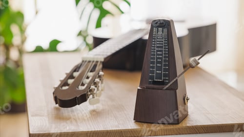 Preview: Metronome marking the tempo with classical guitar on wooden table