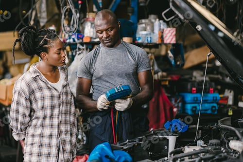 Preview: Mechanic man talking with customer inform explain car air condition low liquid problem, service deta
