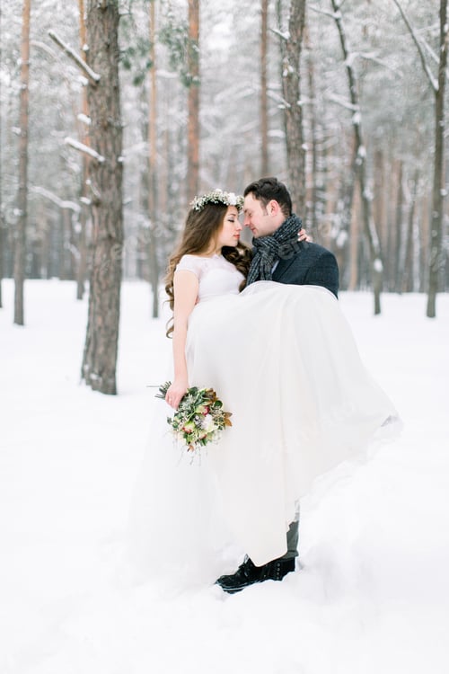 Preview: Winter wedding couple, bride and groom at their winter wedding day.