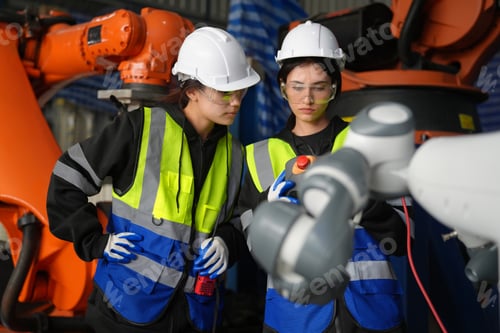 Preview: Female Engineer check and control automation robot arms machine in factory. robotics manufacturing.