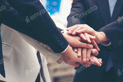 Preview: Teamwork Together Concept. Group of diversity people high five on air to greeting power tag team