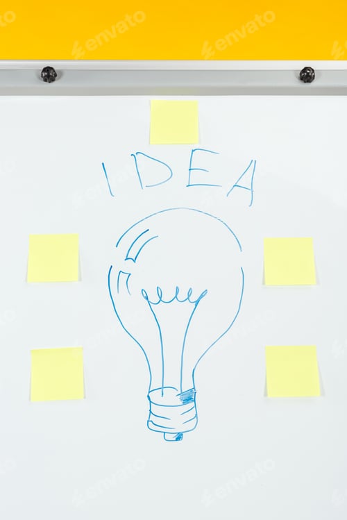 Preview: close up view of word idea and light bulb drawn with stickers on white flipchart