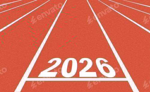 Preview: A red running track with white markings showing the year 2026, symbolizing goals and achievements
