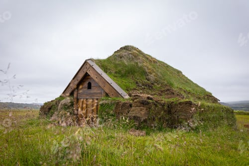 Preview: Little church Geirsstadakirkja in Borgarfjordur Eystri in east Iceland on a cloudy day