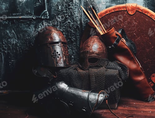 Preview: Still life with ancient shield, two rusted helmets, quiver of arrows