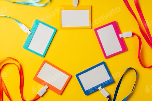 Preview: Colored blank nametags on strings on yellow background