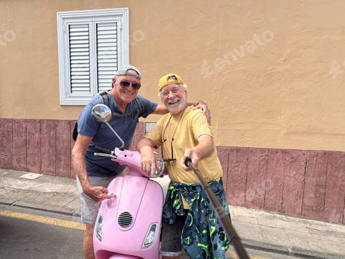Preview: A cheerful couple of elderly men walking around the city take a selfie next to a pink motorcycle