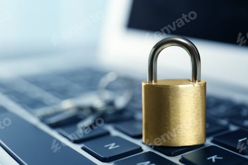 Preview: Metal padlock on laptop keyboard, space for text. Cyber security concept