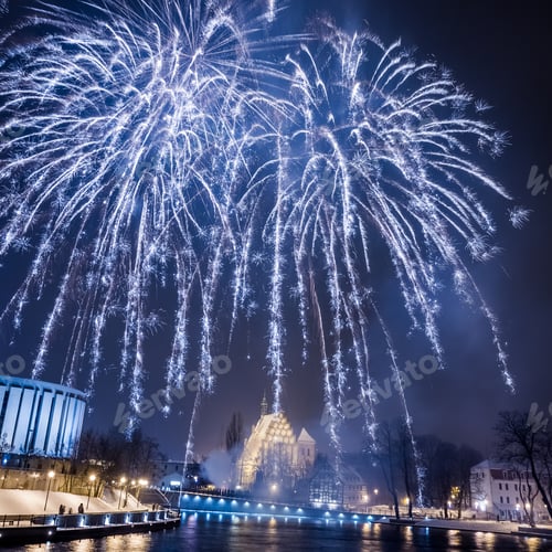 Visualização: Grandes fogos de artifício azuis sobre o rio à noite