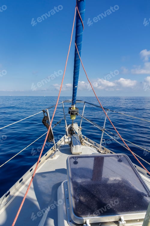 Preview: Bow and deck in a sailboat, sailing, sea, ropes, mast, yacht, ship, navigation