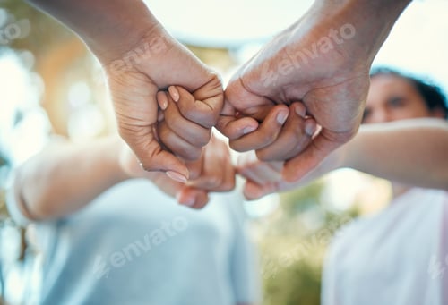 Preview: Fist, hands or support with nature friends in park for sustainability, earth or planet growth motiv