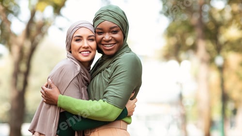 Preview: Two Muslim Ladies In Hijab Hugging Posing Standing In Park