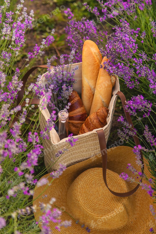 Preview: picnic in lavender field wine. Selective focus.