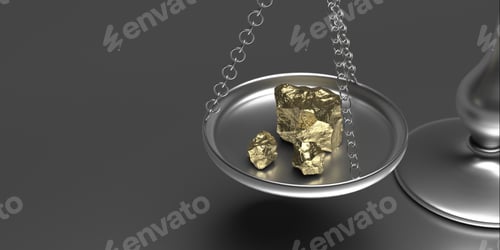 Preview: Gold rock scale weighs gold nuggets on grey background. 3d illustration