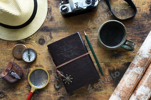 Preview: Vintage travel essentials overhead high angle view, flat lay - neutral natural earth tones