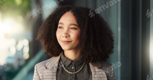 Preview: Woman, thinking and smile in street for business, travel or commute in city for job at creative age