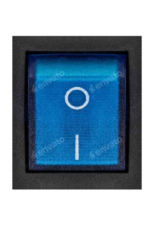 Preview: Blue power switch, isolated on white background, with clipping path