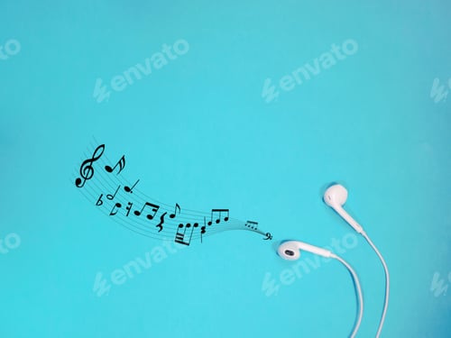 Visualização: fones de ouvido brancos com notas em um fundo azul. Conceito musical. Espaço de cópia