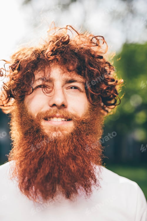 Preview: Portrait of young male hipster with curly red hair and beard in park
