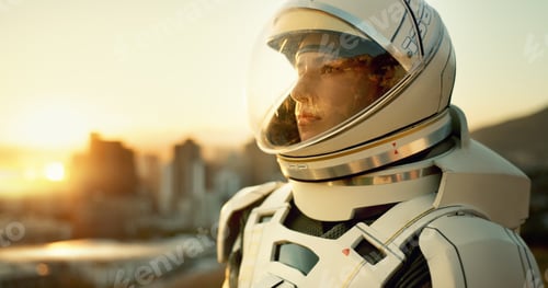 Preview: Woman, astronaut and thinking in city for future survival, planet dystopia and spacesuit of aerospa