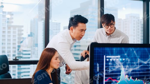 Preview: Businesspeople using computer presentation and communication meeting in modern office.