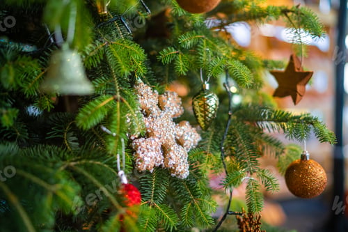 Preview: Closeup of Christmas tree decorations new year background