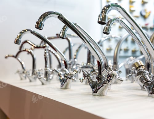 Preview: Kitchen faucets on shelf closeup, plumbing shop