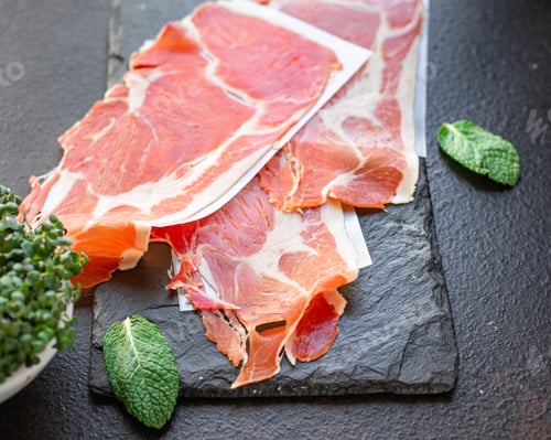 Preview: Jamon Iberico Parma Meat Plate Snack Healthy Meal Top View Copy Space For Text Food Background