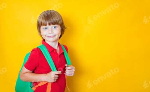 Preview: Back to school. Little boy in glasses with bag. Success and happy kid isolated on yellow.