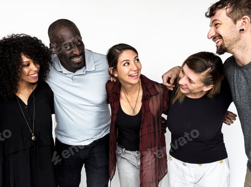 Preview: Group of deversity people arms around support together