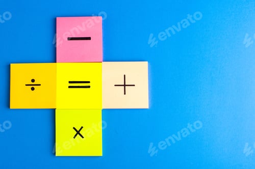 Preview: front view different signs on colorful stickers on the blue background math color science