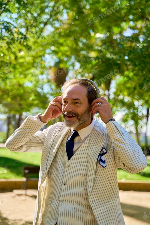 Preview: Smiling man holding headphones in a sunny park